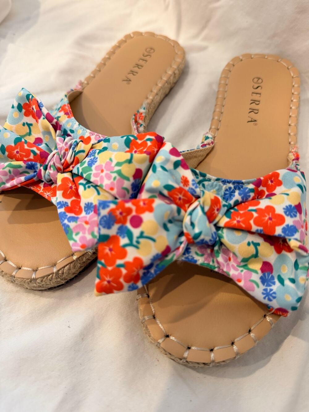 Serra Floral Canvas Statement Bow Slides Jute Trim Espadrille Sandals Size 7